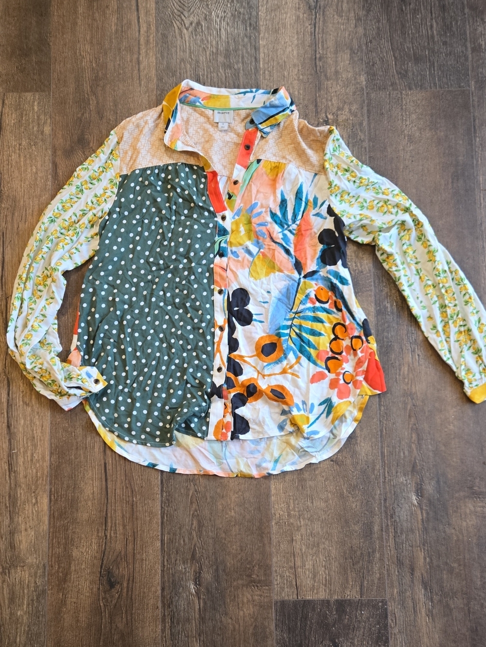 Maeve Mixed-Print Button-Down in Green, Yellow, Orange and Blue